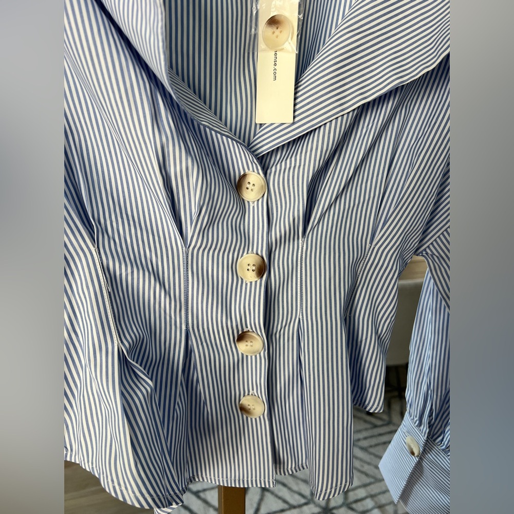 COMMENSE Blue & White Striped Collared Shirt – Waist-Cinching Design – XS – NWT - Picture 4 of 11